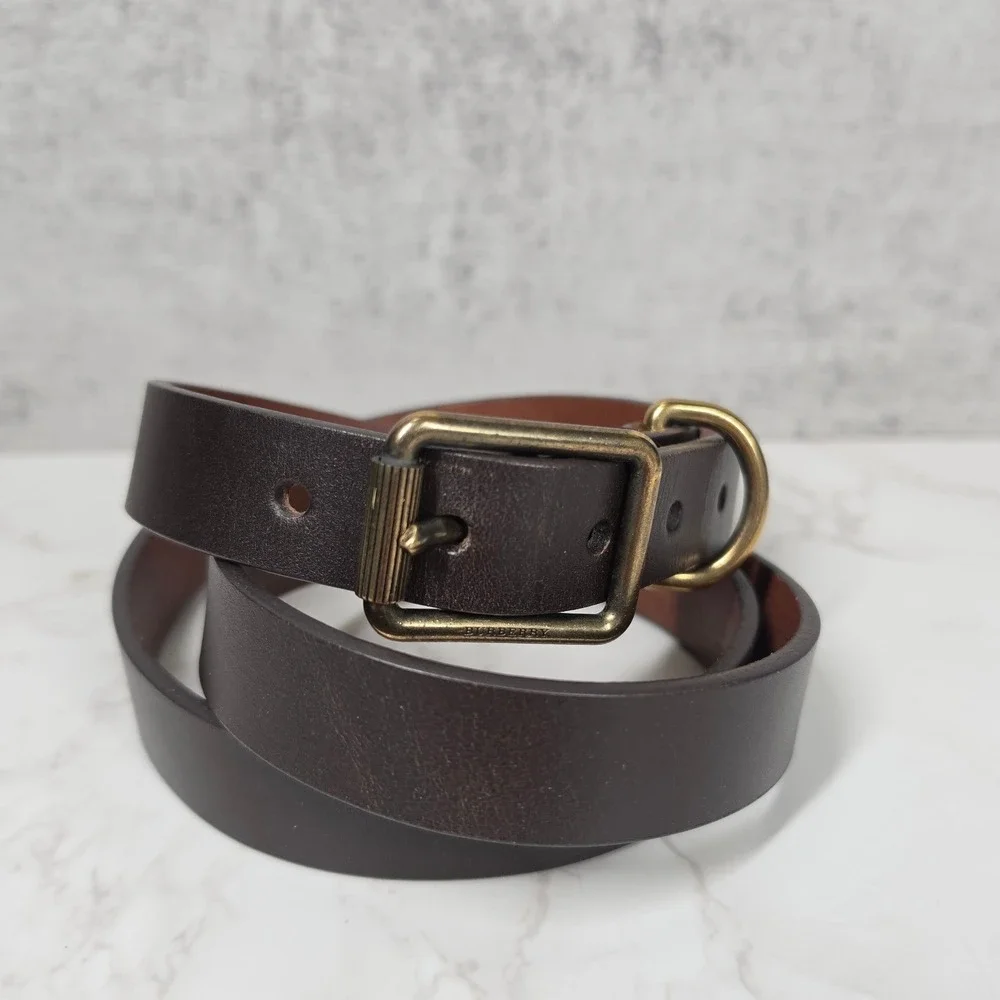 Burberry Mens Dark Brown Leather Belt 44 110 Made in Italy Antique Brass Buckle
